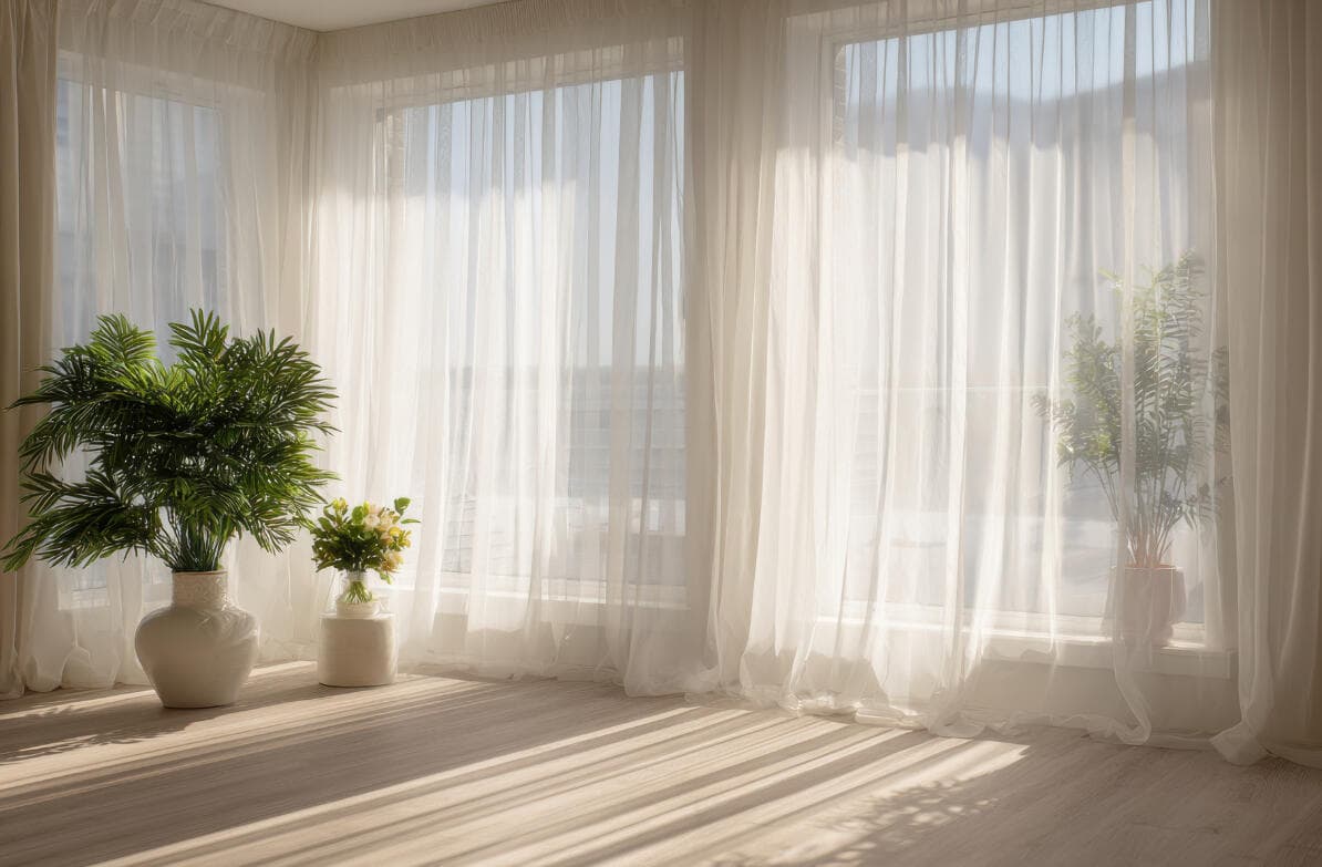 Bright room with sunlight through sheer curtains